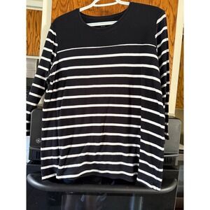Kim Rogers Womens Large Black White Striped Long‎ Sleeve Crew Neck Top Tee